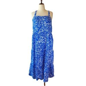 Floral Tiered Smocked Maxi Dress Size XXL Blue White 100% Cotton